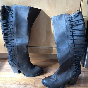 Brown tall lace up target boots